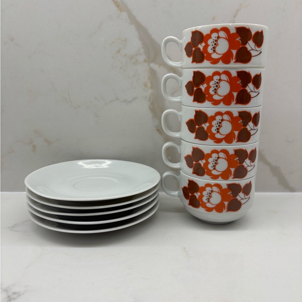 Vintage Set 5 Schirnding Bavaria 70s Floral Demitasse Espresso Tea Cups Saucers